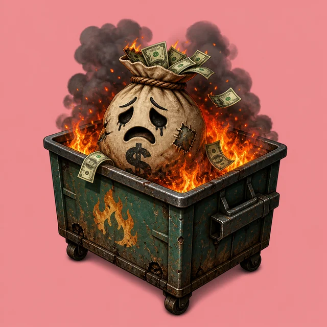 Money bag in a dumpster fire