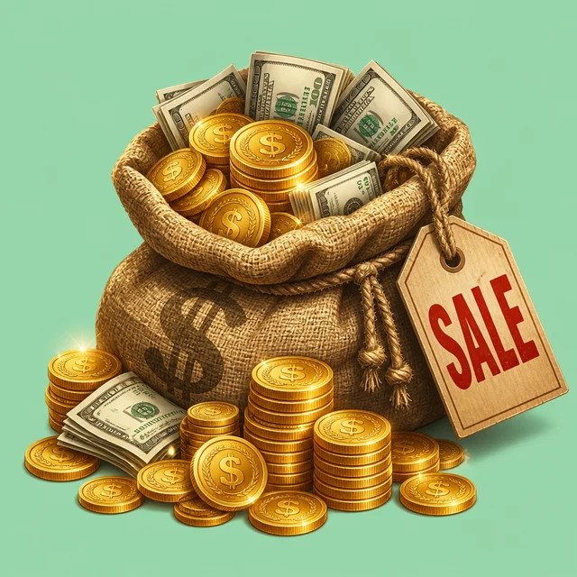 Burlap sack of coins with SALE tag